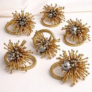 Vintage Atomic Starburst Beaded Napkin Rings Set of 6 Gold Mid Century MCM